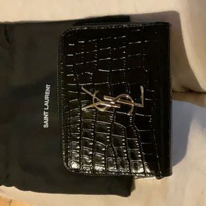 YSL (Saint Laurent) Black Croc - Compact Zip around Wallet